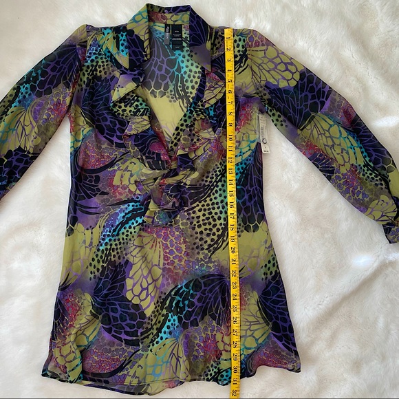 ๐ BISOU BISOU | MARIELLA ANIMALISTIC PRINT SHEER RUFFLE DRESS / BLOUSE SZ S - Picture 11 of 14